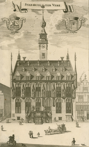 1049 Stadhuys ter Vere. Gezicht op het stadhuis aan de Markt te Veere, en een deel van de aangrenzende panden, met ...