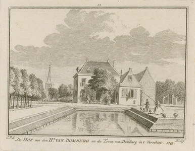 105 De Hof van den Hr. van Domburg en de Toren van Domburg in het Verschiet. Gezicht op het huis van de heer van ...