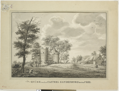 1139 Ruine van het Casteel Zandenburg buiten Vere. Gezicht op de ruïne van kasteel Sandenburgh te Veere bij Zanddijk, ...