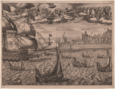 1142b Flissinga. Profiel van de stad Vlissingen, van de zeezijde met de aankomst van keurvorst Frederik van de Palts en ...