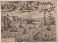 1142d Flissinga. Profiel van de stad Vlissingen, van de zeezijde met de aankomst van keurvorst Frederik van de Palts en ...