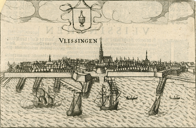 1143 Vlissingen. Gezicht op de stad Vlissingen, van de zeezijde, met het stadswapen, en tekst aan de achterzijde