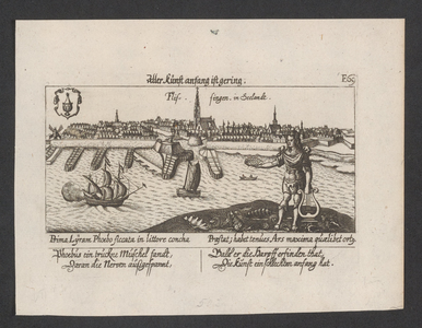 1144 Flissingen in Seelandt. Gezicht op de stad Vlissingen, van de zeezijde, met op de voorgrond de god Phoebus (kunst) ...