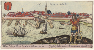 1145 Flissingen in Seelandt. Gezicht op de stad Vlissingen, van de zeezijde, met op de voorgrond de god Phoebus (kunst) ...