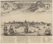 1146 Flissinga. Gezicht op de stad Vlissingen van de zeezijde, met wapens van Zeeland en Vlissingen, onder 8-regelig ...