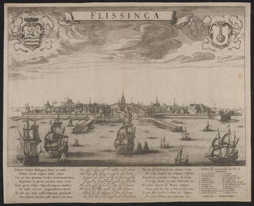 1147 Flissinga. Gezicht op de stad Vlissingen van de zeezijde, met wapens van Zeeland en Vlissingen, onder 8-regelig ...