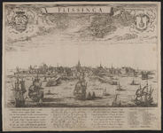 1147 Flissinga. Gezicht op de stad Vlissingen van de zeezijde, met wapens van Zeeland en Vlissingen, onder 8-regelig ...
