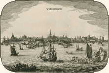 1148 Vlissingen. Gezicht op de stad Vlissingen van de zeezijde, met een onthaal van een gezelschap (de prins van Oranje)