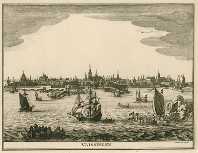 1149 Vlissingen. Gezicht op de stad Vlissingen van de zeezijde, met saluerende schepen voor de ontvangst (door het ...