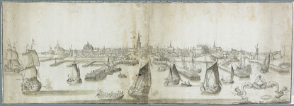 1150 Gezicht op de stad Vlissingen van de zeezijde, met op de voorgrond saluerende schepen (het stadsbestuur van ...