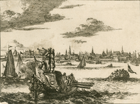 1152 Vlissingen. Gezicht op de stad Vlissingen van de zeezijde, met op de voorgrond een eresloep (van het stadsbestuur ...