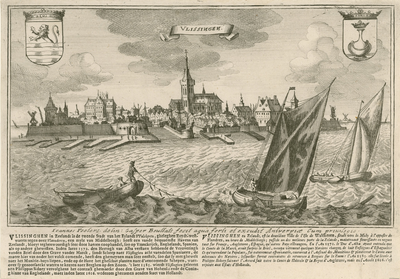 1154 Vlissingen. Gezicht op de stad Vlissingen van de zeezijde, met op de voorgrond schepen, de wapens van Zeeland en ...