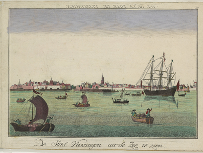 1157 De Stad Vlissingen uit de zee te zien. Vue de la ville de Vlissingen. Gezicht op de stad Vlissingen van de ...