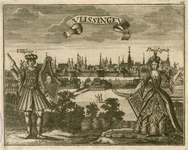 1166 Gezicht op de stad Vlissingen van de landzijde, met op de voorgrond de god Ulysses (links), de godin Penelope ...