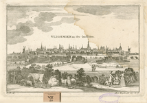 1168 Vlissingen an der landseiten. Gezicht op de stad Vlissingen, van de landzijde, met op de voorgrond wandelaars, vee ...