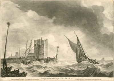 1174 Going into the Port of Flushing. Gezicht op zeilboten op de rede voor Vlissingen ter hoogte van het wachthuis op ...
