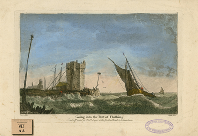 1175 Going into the Port of Flushing. Een zeilschip probeert het havenhoofd voor Vlissingen te ronden ter hoogte van ...