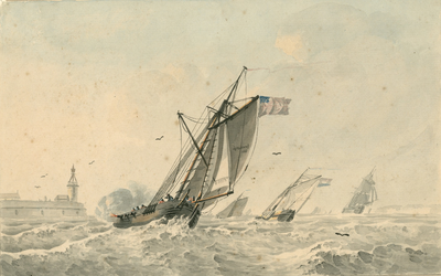 1186 Gezicht op een Amerikaans zeilschip en andere voor anker liggende schepen op de rede van Vlissingen