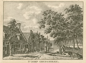 119-1 T' Dorp Grypskerke. Gezicht in het dorp Grijpskerke, met timmermannen aan het werk