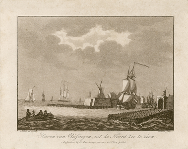 1195 Haven van Vlissingen, uit de Noordzee te zien. Gezicht op de rede en haven van de stad Vlissingen, met schepen en ...