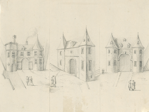 1216 Drie poorten, mogelijk te Vlissingen, de rechtse wellicht de Gevangenpoort, met voorbijgangers