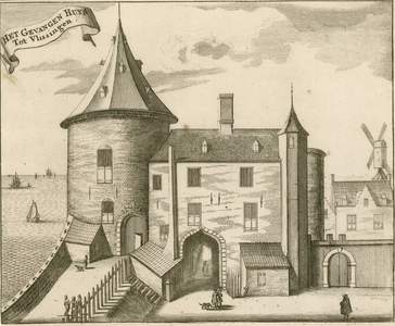 1217 Het Gevangenhuys Tot Vlissingen. De Gevangenpoort of Westpoort te Vlissingen, met schepen op de rede en voorbijgangers