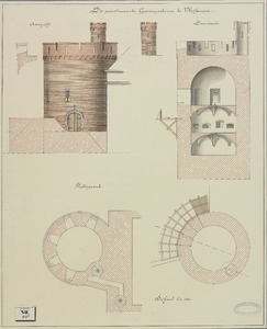 1219 De gerestaureerde Gevangentoren te Vlissingen. Aanzicht, doorsnede en plattegrond van de Gevangenpoort of ...