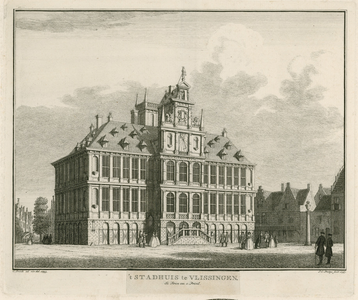 1239 't Stadhuis te Vlissingen. Gezicht op het stadhuis van Vlissingen met omringende straten, en voorbijgangers. Met ...