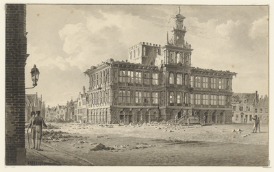 1243 Gezicht op het stadhuis van Vlissingen na het Engelse bombardement, met voorbijgangers