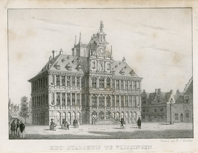 1244 Het Stadshuis te Vlissingen. Het stadhuis van Vlissingen met omringende straten, en voorbijgangers