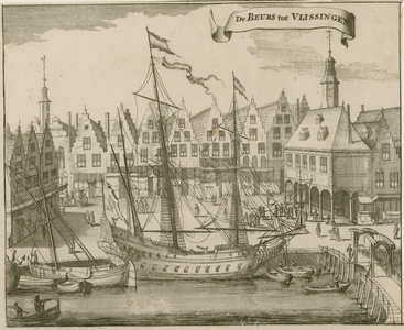 1245 De Beurs tot Vlissingen. Gezicht op het Beursplein te Vlissingen met Beurs en kooplieden, en schepen in de Bierhaven