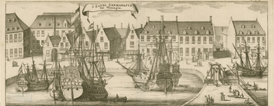 1258 'S Lands Zeemagazyn Tot Vlissingen. Gezicht op het arsenaal te Vlissingen, afgebrand in 1749, met voorbijgangers ...