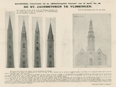 1279 De St. Jacobstoren te Vlissingen. Vier ontwerpen voor de spits van de Grote of Sint Jacobskerk in Gothische stijl ...