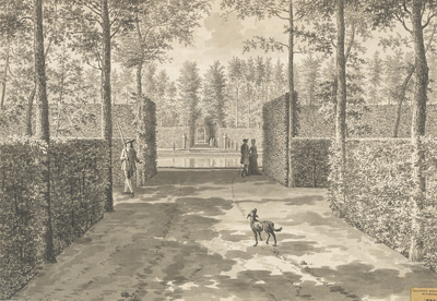 1300e No.7 't Groot Bassyn te Elsenoort, van ter zyde te zien. (19e eeuw). Gezicht op de vijver in de tuin van het huis ...