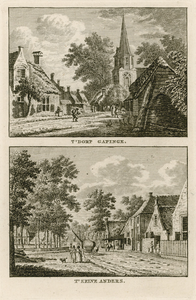 1305 T' Dorp Gapinge. T' Zelve Anders. Twee gezichten in het dorp Gapinge, met toren van de Nederlandse Hervormde kerk, ...