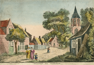 1306 Gezigt te Gapinge. Gezicht in het dorp Gapinge, met toren van de Nederlandse Hervormde kerk en personen op de straat