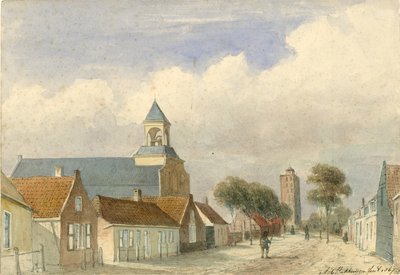 1323 Gezicht in de dorpsstraat te Westkapelle, met de Nederlandse Hervormde kerk en de toren van de oude kerk, en personen