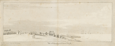 1324 Westkappelsen Dijk. Gezicht op de dijk te Westkapelle, met personen en een voorraad hout