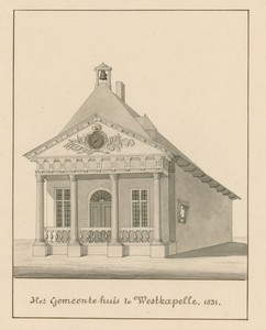 1328 Het Gemeente-huis te Westkapelle. 1831. De voorgevel en zijgevel met publikatiebord van het gemeentehuis te Westkapelle