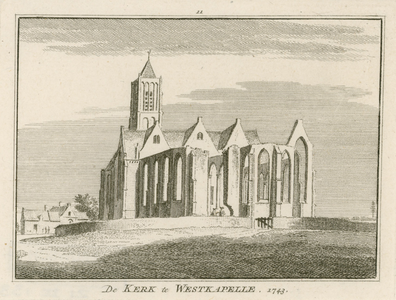 1330 De Kerk te Westkapelle. 1743. Gezicht op de Nederlandse Hervormde kerk te Westkapelle, met twee personen binnen de muur