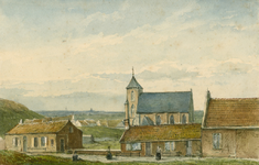 1338 Gezicht in het dorp Zoutelande, vanaf het duin, met Nederlandse Hervormde kerk, en vrouwen in klederdracht