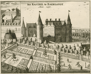 1360 Het Kasteel te Baerlandt. Anno 1500. Anno 1695. Gezicht op het kasteel van de heren van Baarland met tuin en wapen ...