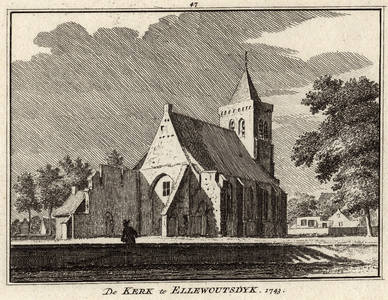 1387 De Kerk te Ellewoutsdijk, 1743. Gezicht op de Nederlandse Hervormde kerk te Ellewoutsdijk, met een persoon bij de ...