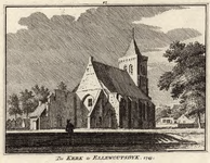 1387 De Kerk te Ellewoutsdijk, 1743. Gezicht op de Nederlandse Hervormde kerk te Ellewoutsdijk, met een persoon bij de ...