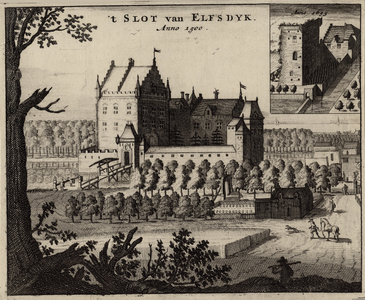 1388 't Slot van Elfsdyk Anno 1500. Het slot Ellewoutsdijk in 1500, met personen, en rechtsboven afbeelding van de ...