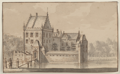 1389 Het slot Ellewoutsdijk, met op de brug een wacht in 17de-eeuwse kledij tussen palen met leeuwen, houdende een ...