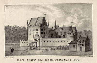 1390 Het Slot Ellewoutsdijk. Ao 1500. Gezicht op het slot Ellewoutsdijk, met linksonder een wacht