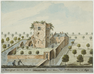 1392 de Overblijfzels van het Huis te Ellewoutsdijk van voren, na Ic. Hildernisse a. 1694. Gezicht op de ruïne van het ...