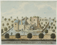1393 de Overblijfzels van het Huis te Ellewoutsdijk van agteren, na Ic. Hildernisse a. 1694. Gezicht op de ruïne van ...