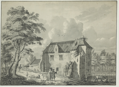 1395 Gezicht op de ruïne van het kasteel van Ellewoutsdijk, met een ooievaarsnest, personen en een herder met vee